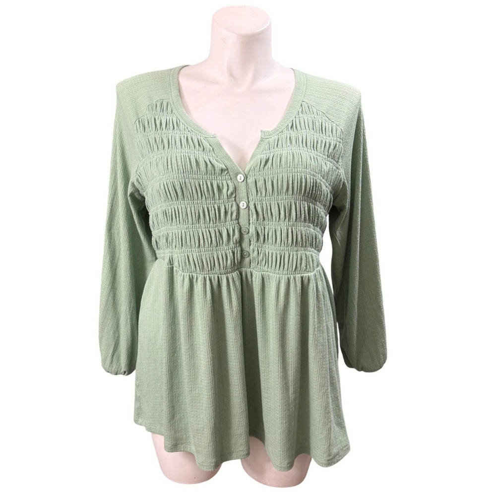 Torrid Womens 1 Sage Green Smocked Babydoll Tunic Top Waffle Knit Long Sleeve